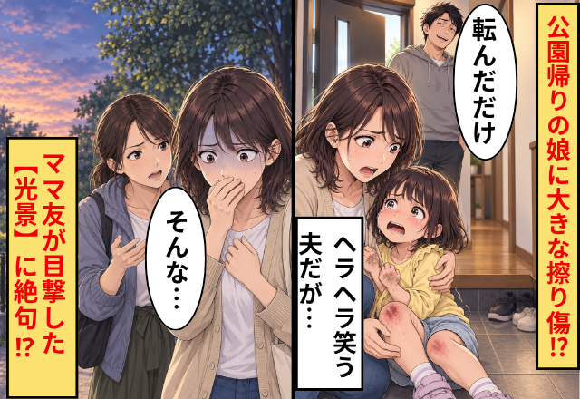 公園から帰った5歳娘に“大きな擦り傷”！？夫「転んだだけ」しかし数日後⇒ママ友が目撃した【光景】に妻が絶句！？
