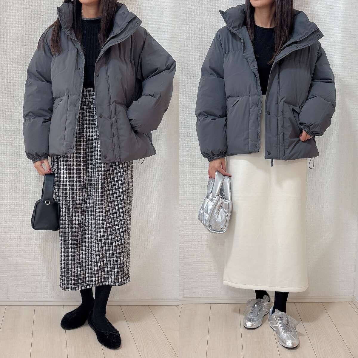 GUウォームパデッドスタンドブルゾンのツイードスカートNGコーデ