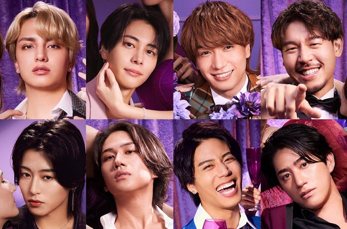 (上段左から)バンダリ亜砂也、亜莉、森長一誠、長谷川惠一(下段左から)荒井啓志、田中宏樹、森山弘康、山城裕司「LOVE POWER KINGDOM〜恋愛強者選挙〜」(C)AbemaTV,Inc