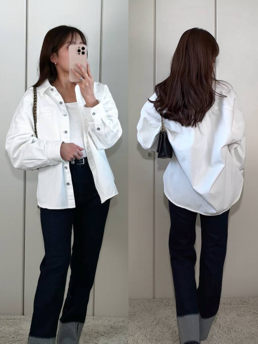 ユニクロデニムリラックスシャツジャケットとデニムパンツコーデ