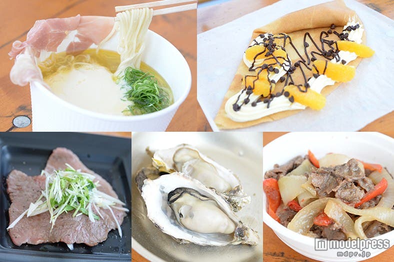 フードも充実!/左から時計回りに:黄金の塩らぁ麺 ドゥエイタリアン、鎧塚シェフのYoroi’sCar、M’s 韓Dining、カキ小屋 築地食堂、Cossott’e SP