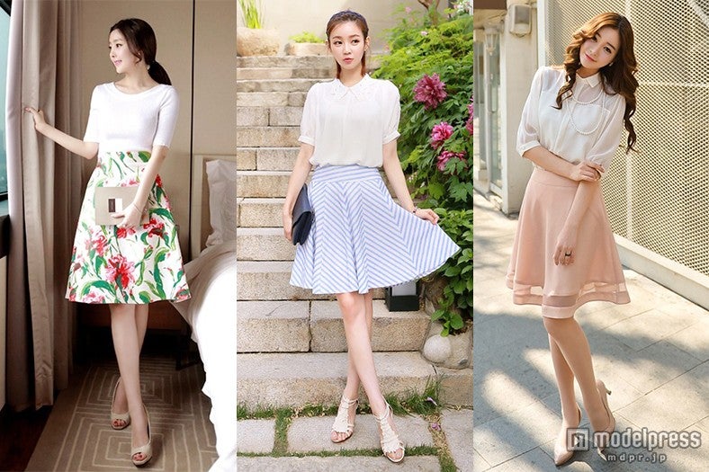 大人レディは簡単「フレアミディ丈」で完成！／画像提供：（左から）「OGAGE JAPAN」、「coordi」【モデルプレス】