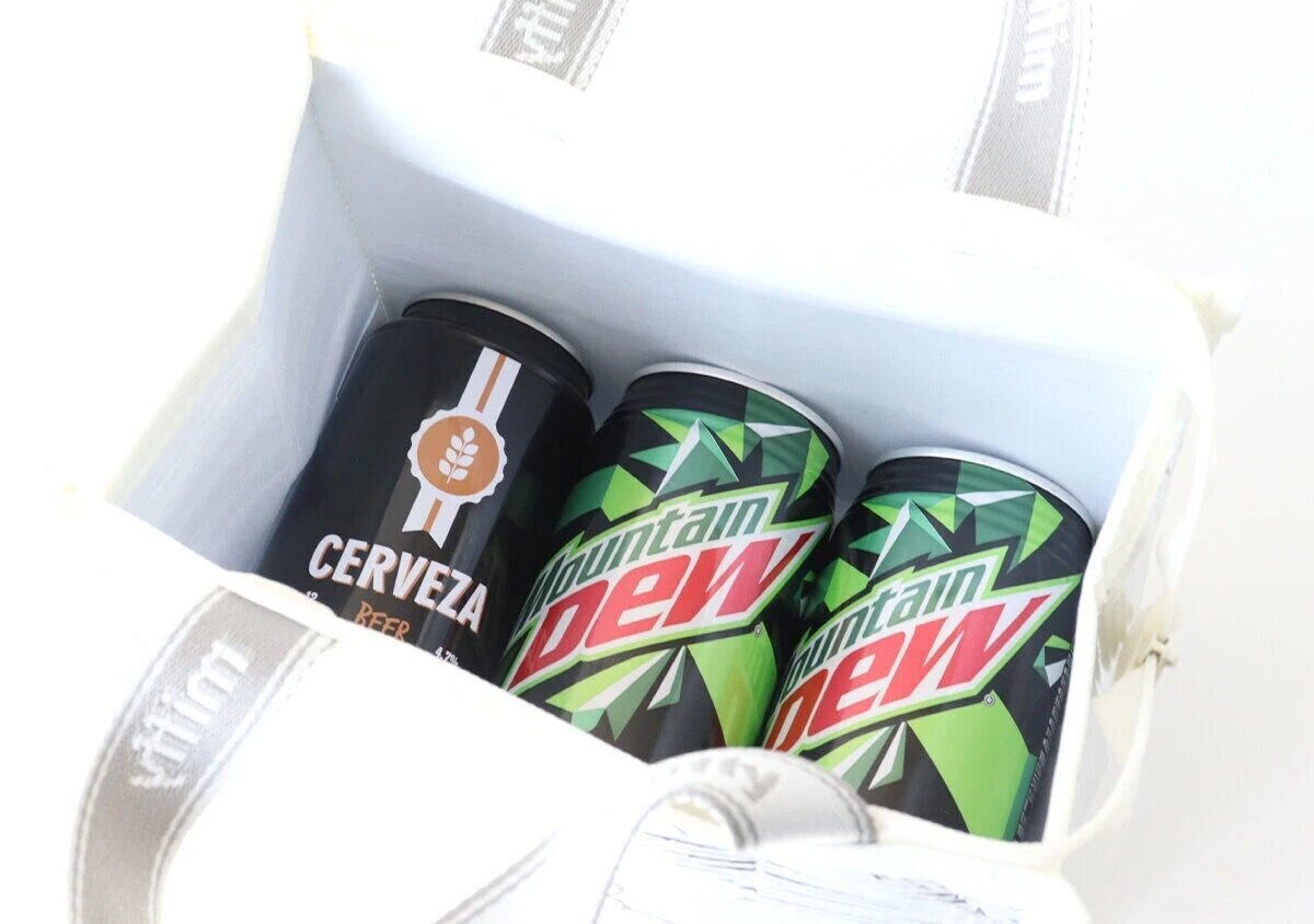 ミッフィーの保冷バッグ内部に350ml缶3本が余裕を持って入っている俯瞰写真 ミッフィーの保冷バッグ内部に350ml缶3本が余裕を持って入っている俯瞰写真