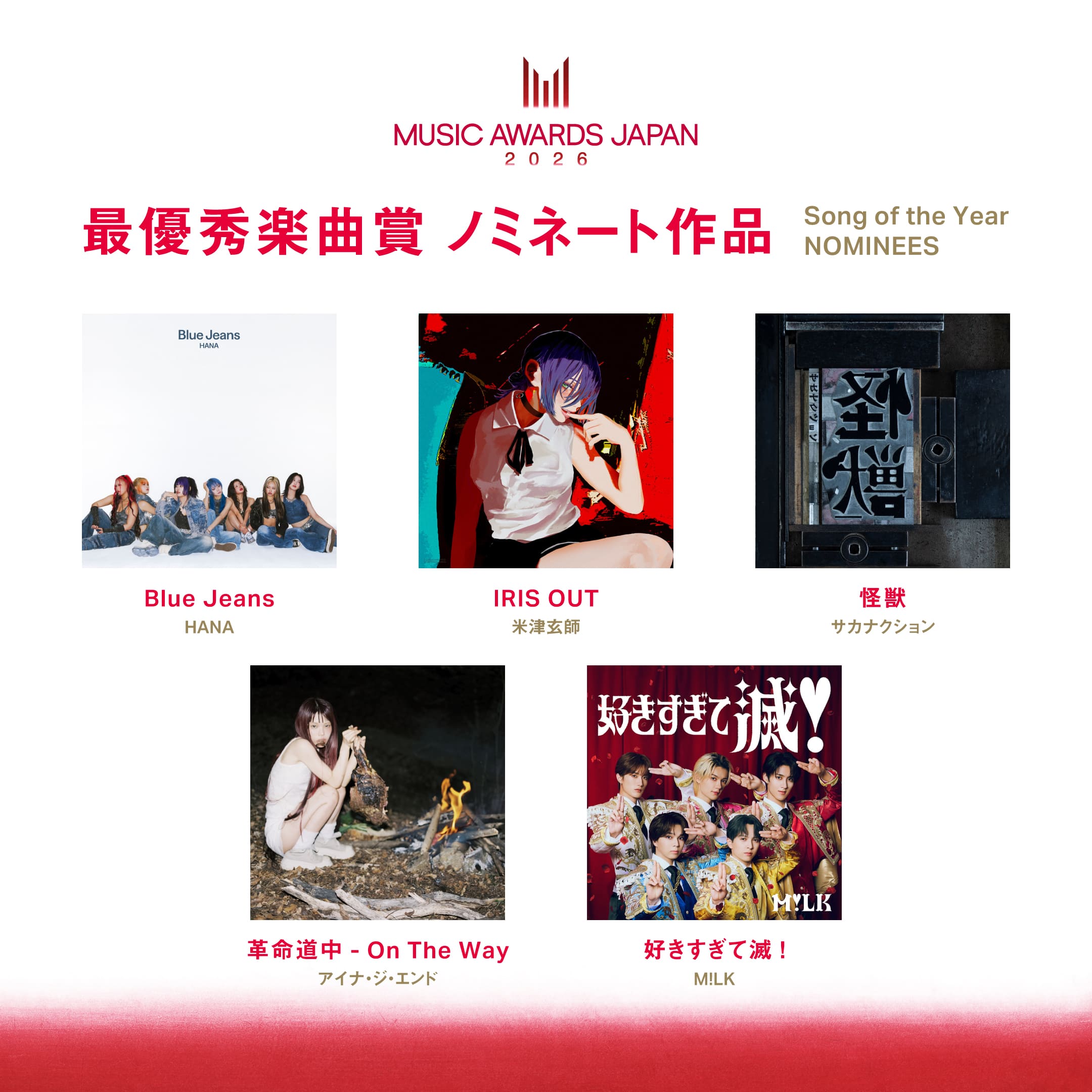 国際音楽賞「MUSIC AWARDS JAPAN」ノミネート発表 主要部門にミセス・HANA ・M!LKなど【各部門5作品一覧】