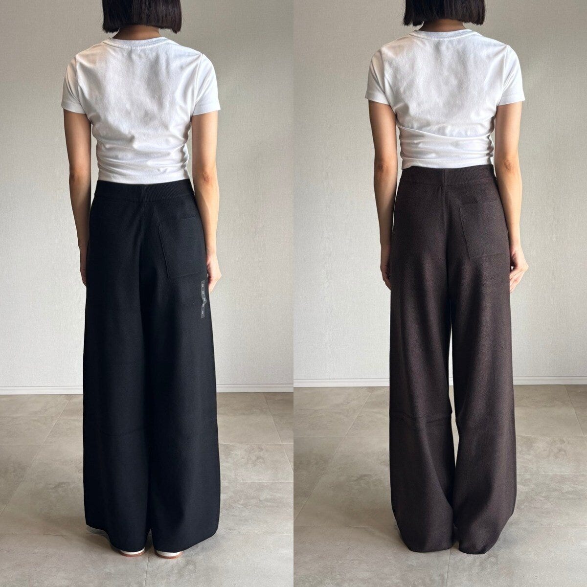 白Tシャツとブラックの標準丈、ダークブラウンの丈長めニットパンツを着用した女性の後ろ姿