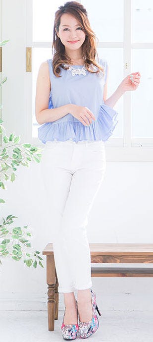 フリルデザイン☆コットンノースリーブブラウス「神戸レタス」1980円(税込)