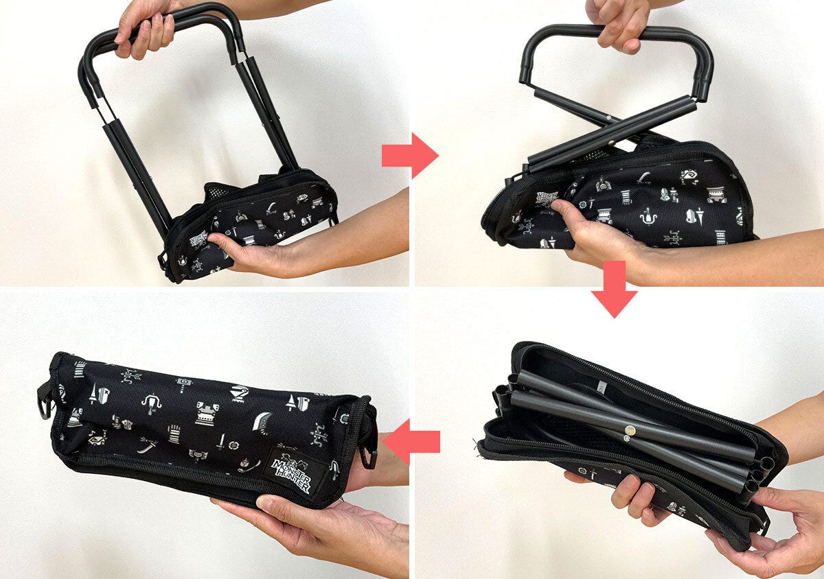 折りたたみイスをたたんで収納するまでの手順を4コマで示す 折りたたみイスをたたんで収納するまでの手順を4コマで示す