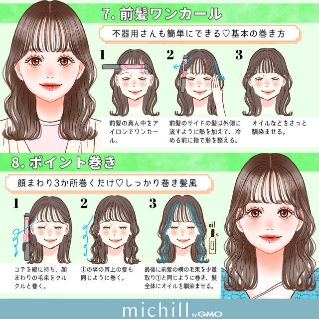 巻き髪スタイル ミディアムヘア 時短 8style kyoko. イラスト 巻き髪スタイル ミディアムヘア 時短 8style kyoko. イラスト 前髪ワンカール ポイント巻き