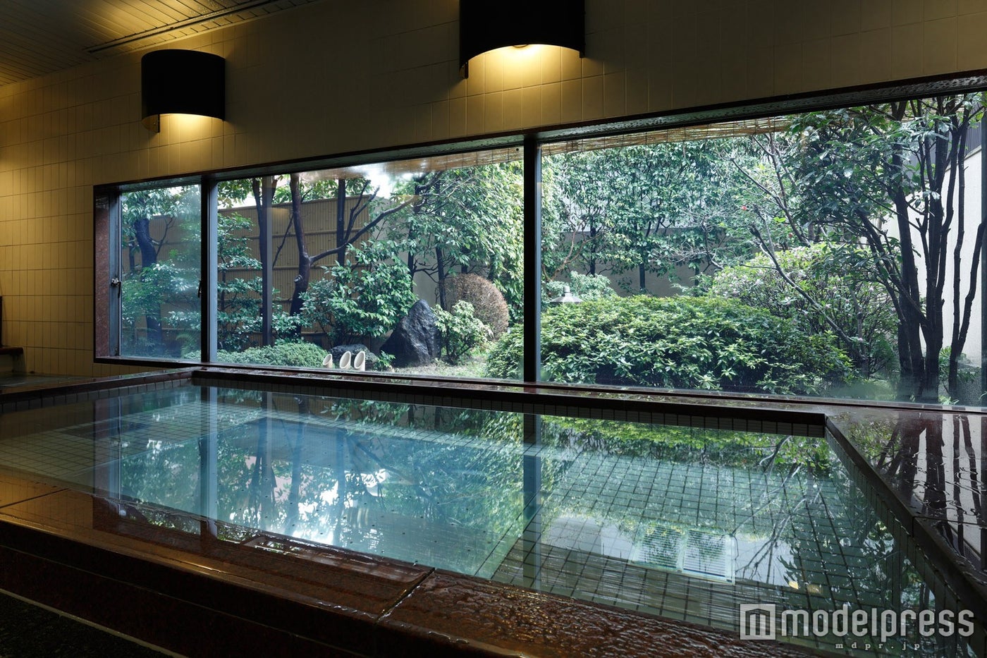 京都の都心部ということを忘れさせる、緑豊かな庭園付きの浴場