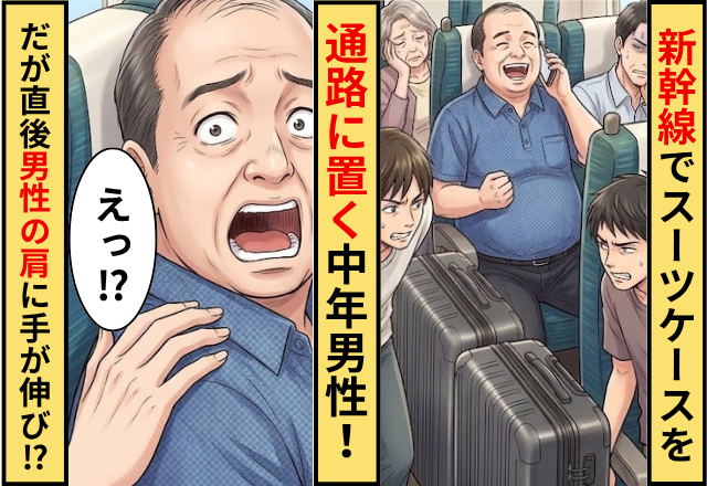 新幹線でスーツケースを通路に置く中年男性！だが直後〈ポンポン〉中年男性の肩に手が伸びていき…「えっ…」