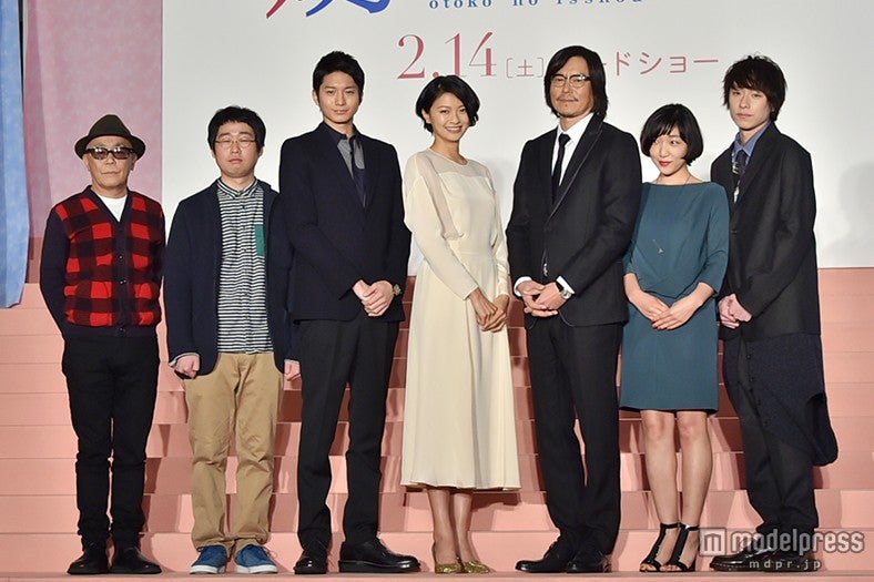 左から：廣木隆一監督、前野朋哉、向井理、榮倉奈々、豊川悦司、安藤サクラ、落合モトキ