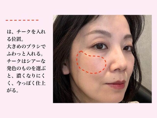 ほどよい血色感　透明感を与えるピンク系チーク　チークを入れる位置