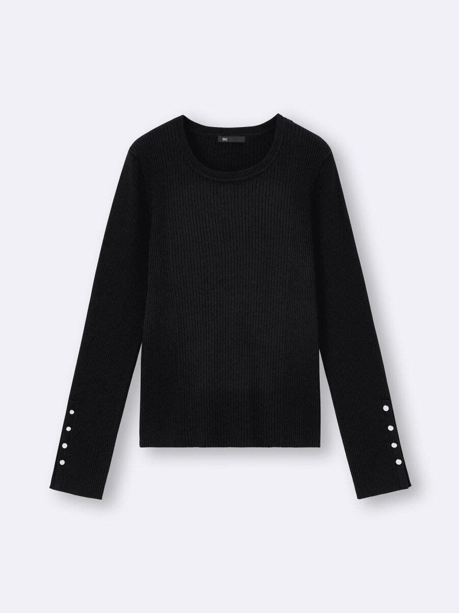 リブニットボタンスリーブプルオーバー 2025gu女性おすすめ黒ニットリブニットボタンスリーブプルオーバー