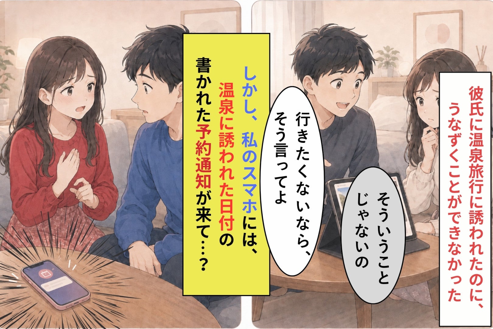 「行きたくないなら、そう言ってよ」彼との初めての温泉旅行を断った私、スマホの通知で知られた理由