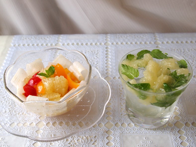 「大根とグレープフルーツのマリネサラダ → グレープフルーツのミントサイダー」