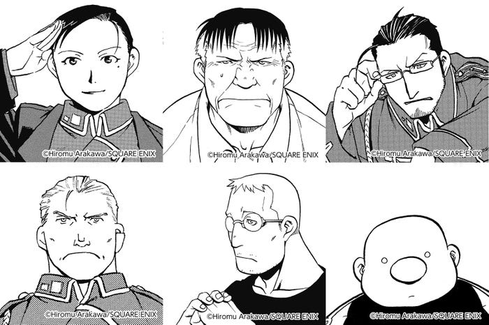 (左上から時計回りに)ロス、マルコー、ヒューズ、グラトニー、タッカー、ハクロ(C)2017 荒川弘/SQUARE ENIX (C)2017映画「鋼の錬金術師」製作委員会
