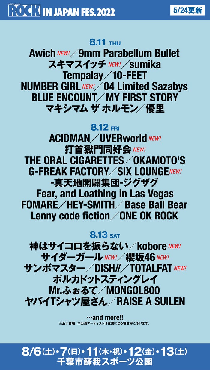「ROCK IN JA PAN FESTIVAL 2022」出演アーティスト (提供写真)