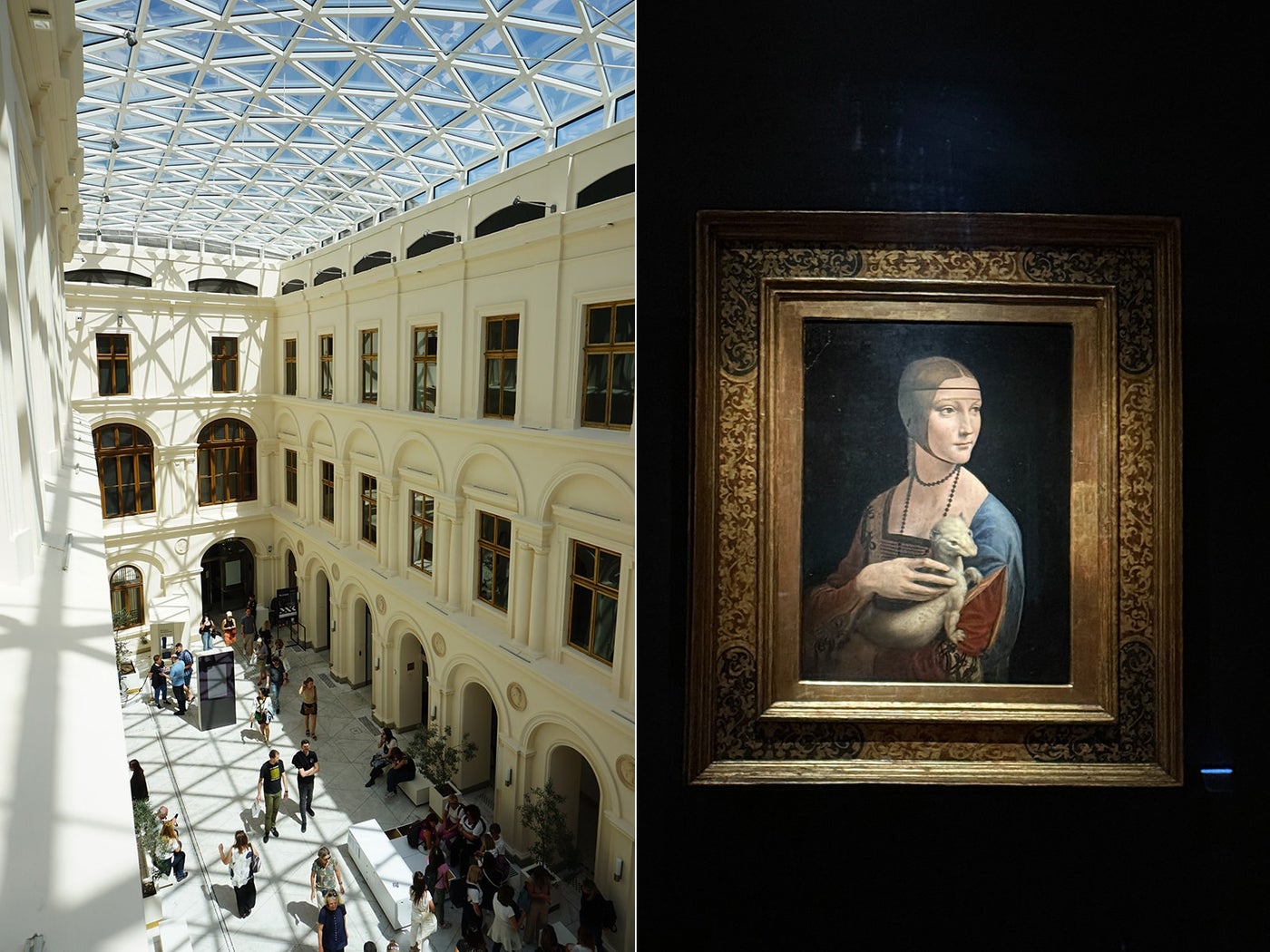 チャルトリスキ公爵美術館のエントランス（左）。レオナルド・ダ・ヴィンチの『白貂を抱く貴婦人』（右）