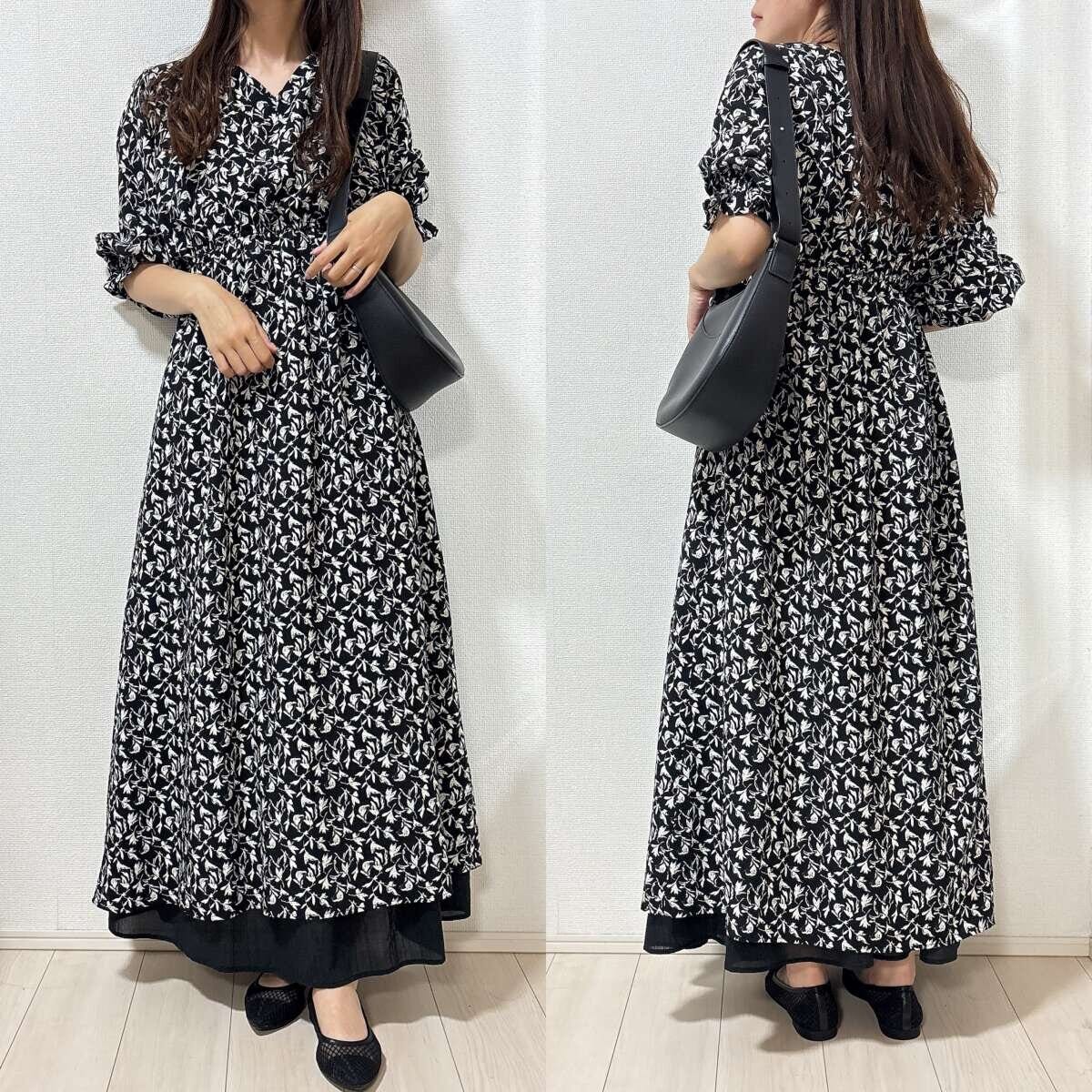 ユニクロ　ティアードマキシスカート　コーデ　花柄ワンピ　レイヤード