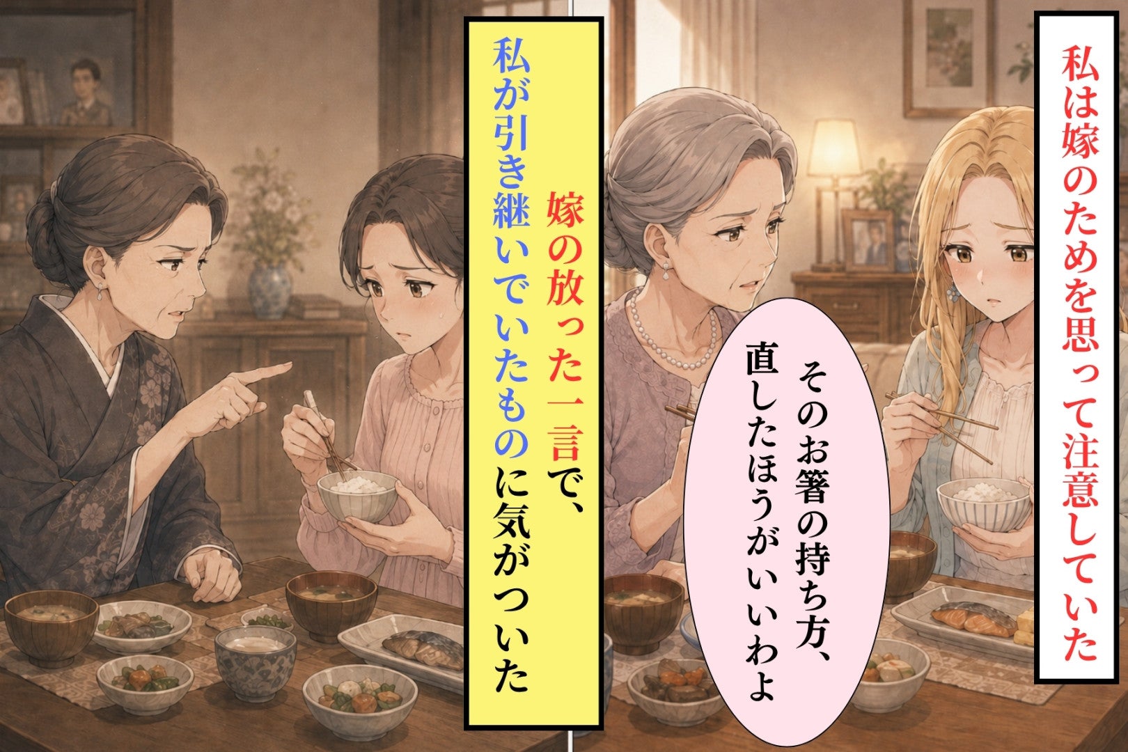 嫁の食べ方を注意し続けた私→「渡し箸」の指摘で気づいた姑の口調