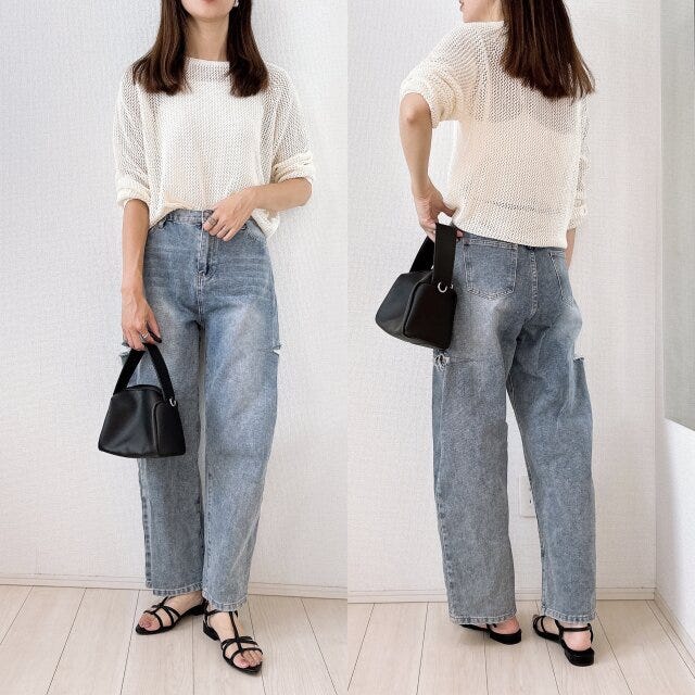 3Dメッシュクルーネックセーター　デニム　コーデ