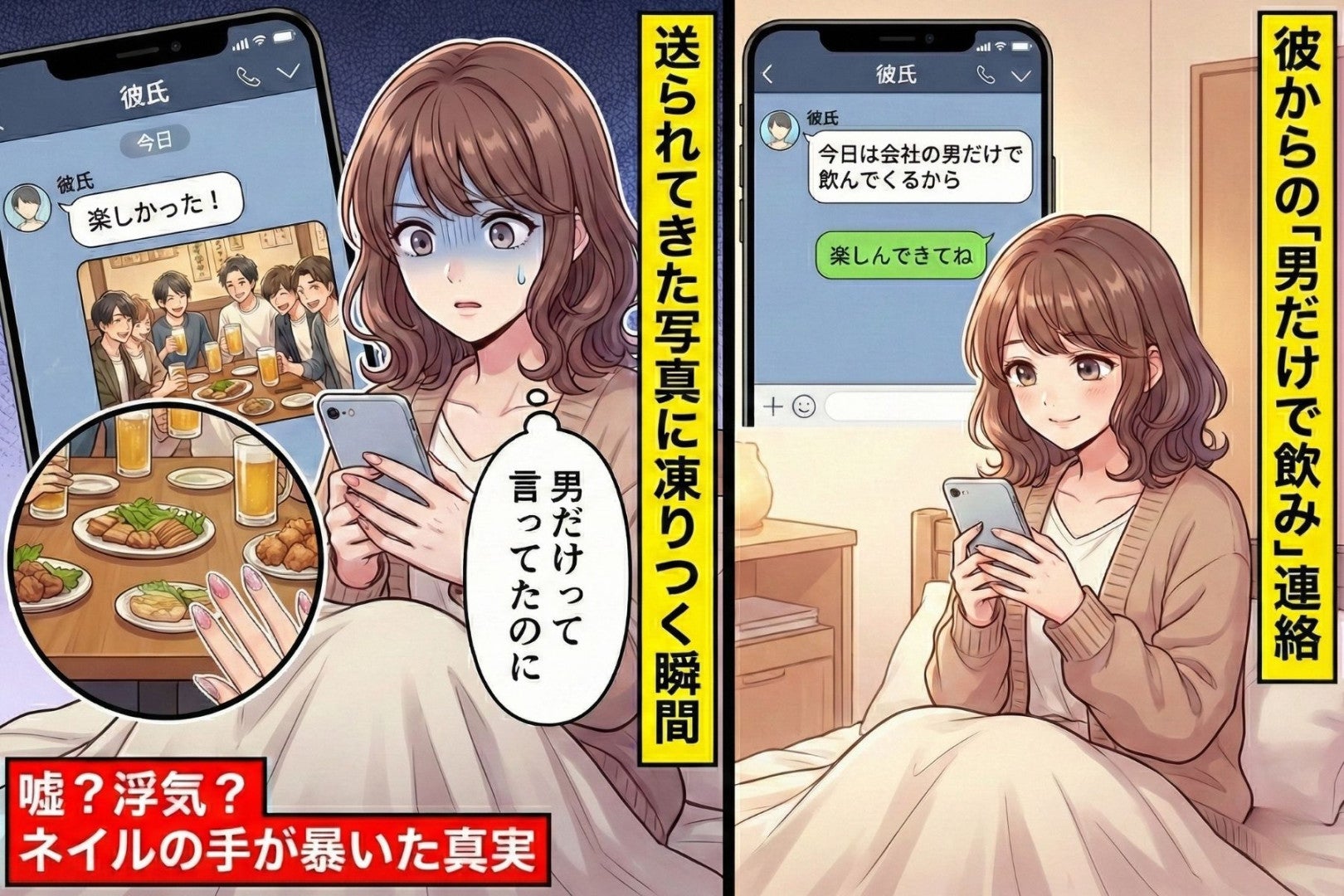 彼「今日は男だけで飲み」→集合写真に映った“ネイル付きの手”で、違和感が確信に変わった瞬間