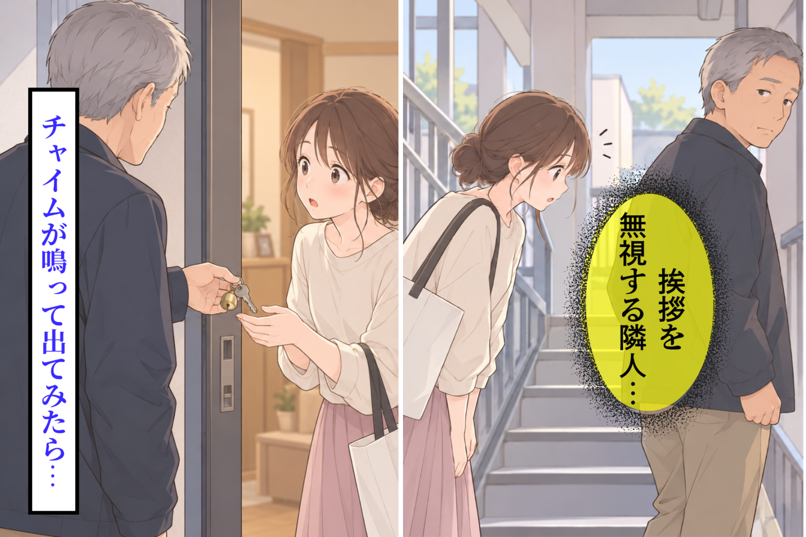 外階段で何度挨拶しても目をそらす隣の男性→ある日、玄関のチャイムを鳴らした彼が差し出したもの