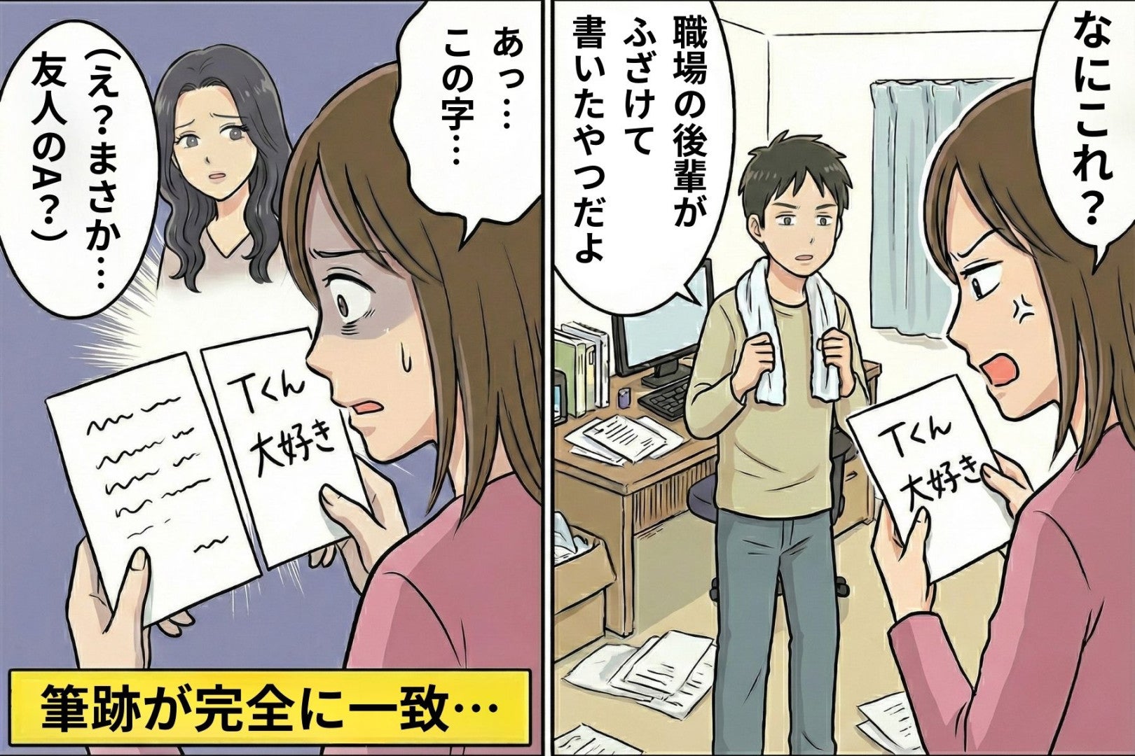 彼のデスクにあった「Tくん大好き」の手書きメモ→問い詰めたら逆ギレ…でも筆跡で詰んだ話