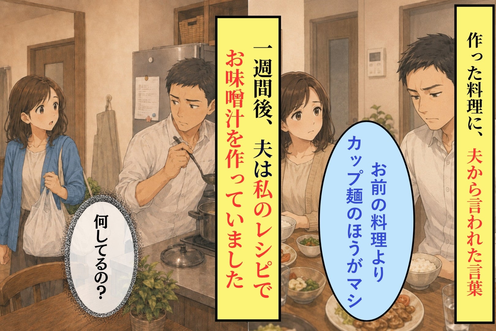「お前の料理よりカップ麺のほうがマシ」と言った夫→１週間後、私のレシピを見ながら味噌汁を作っていました