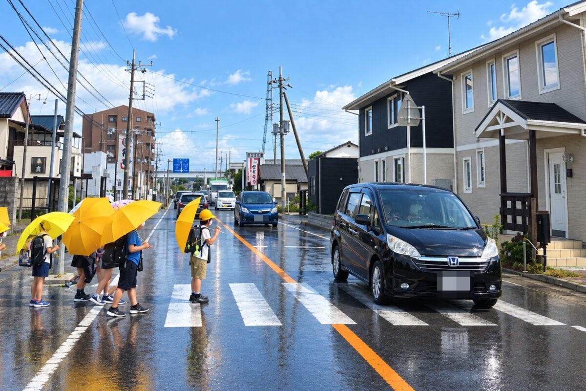 横断歩道前の小学生と自動車