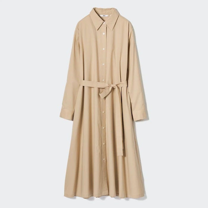 ユニクロ　uniqlo　レディース　おすすめ　オススメ　コスパ　2023　ワンピース　ワンピ　体型カバー　コットンAラインシャツワンピース　シャツワンピース　ベージュ