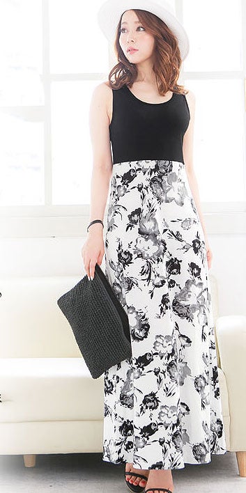 柄プリント胸下切替☆マキシ丈ノースリーブワンピース「神戸レタス」1680円（税込）