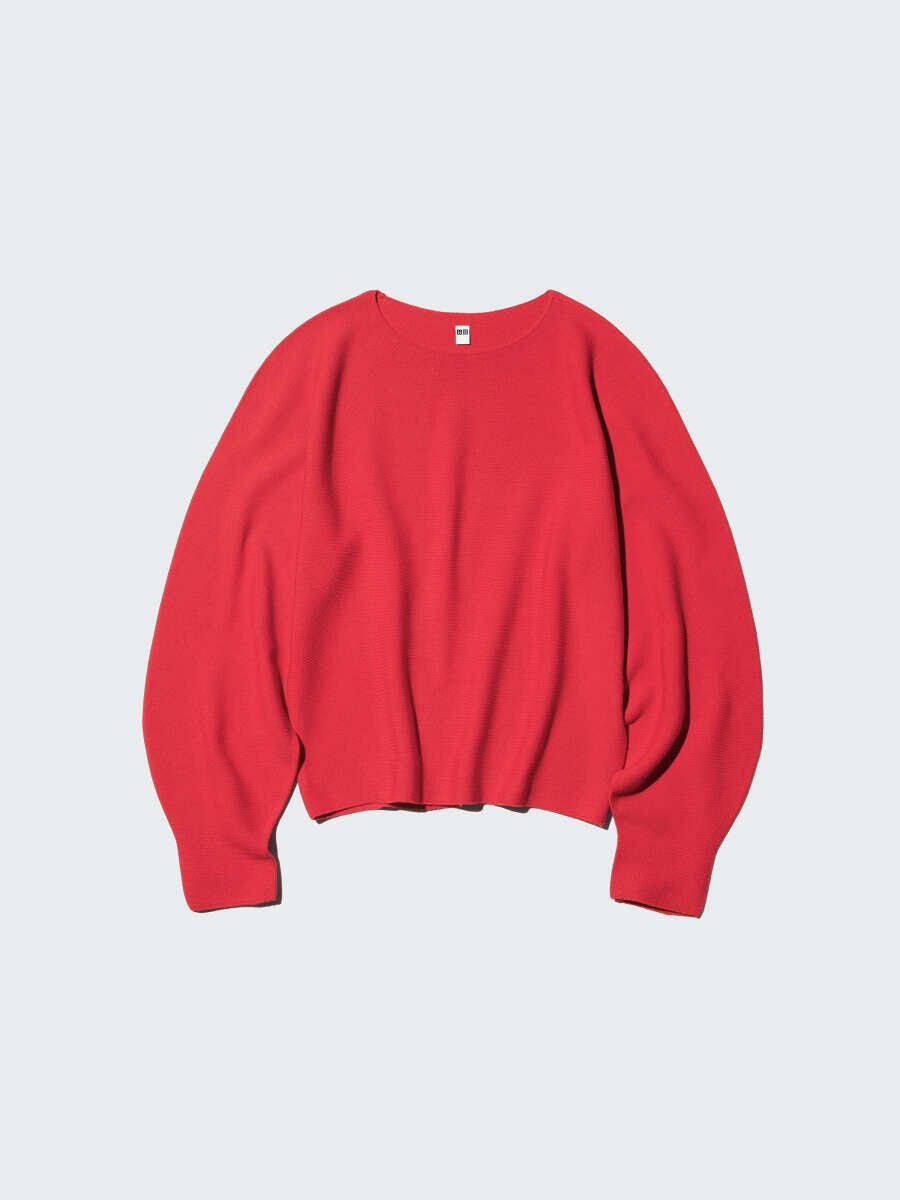 2026春ユニクロ大人女性おすすめ赤3Dコットンクルーネックボリュームスリーブセーター