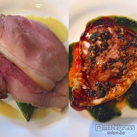 「千代幻豚もも肉のロースト～ハニーマスタードソース～」¥1600、「メカジキのポワレ～バジルソースとラタトゥイユ～」¥1400（左から）
