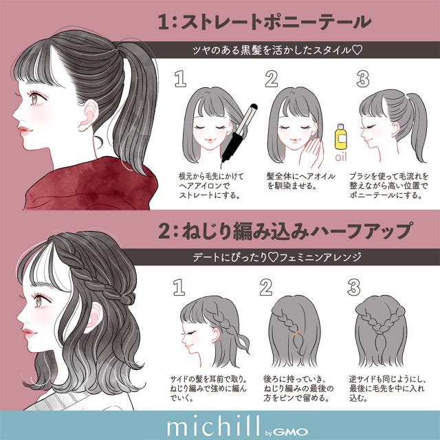 黒髪 垢抜けヘアアレンジ 毎日イメチェン 12style AKIKO。 イラスト 黒髪 垢抜けヘアアレンジ 毎日イメチェン 12style AKIKO。 イラスト ストレートポニーテール ねじり編み込みハーフアップ
