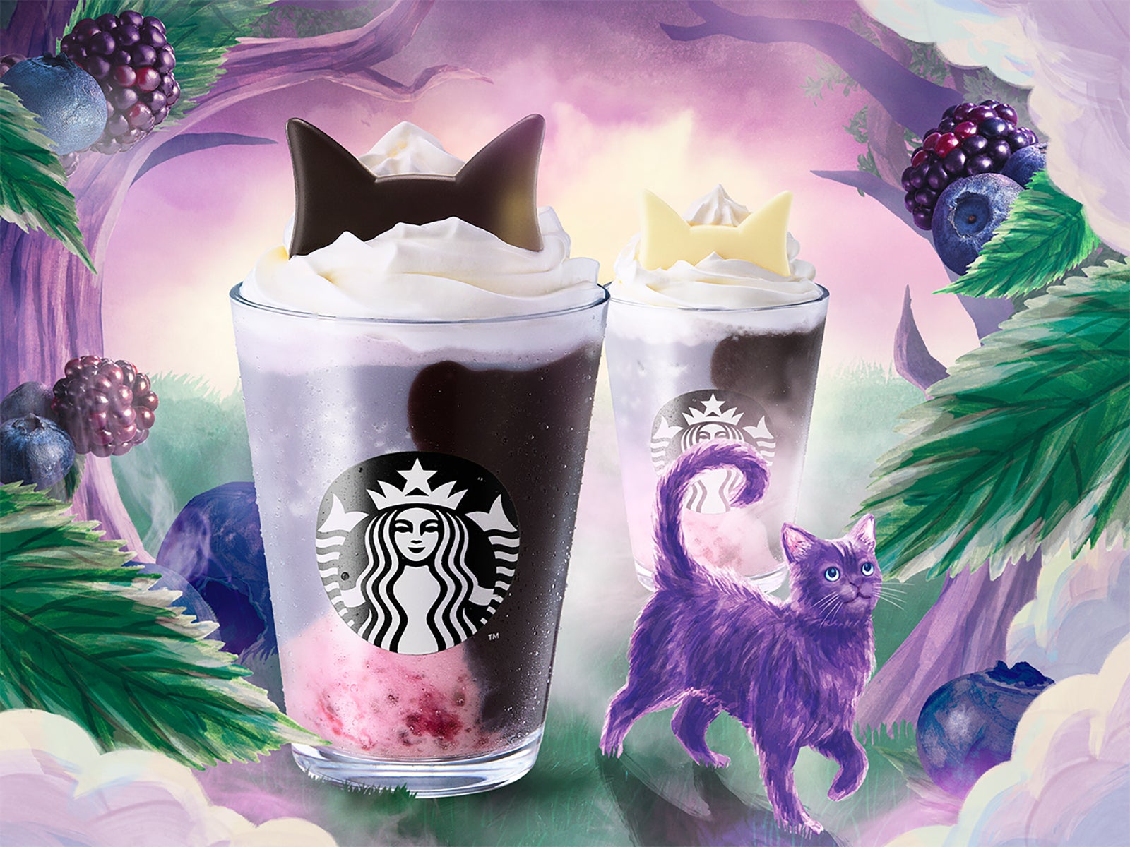 スタバ、猫耳が愛らしいハロウィンフラペチーノ「ブラックベリー ヨーグルト フラペチーノ」10月9日登場