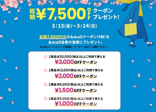 総額7500円分の&mallクーポン（4枚）がもらえる