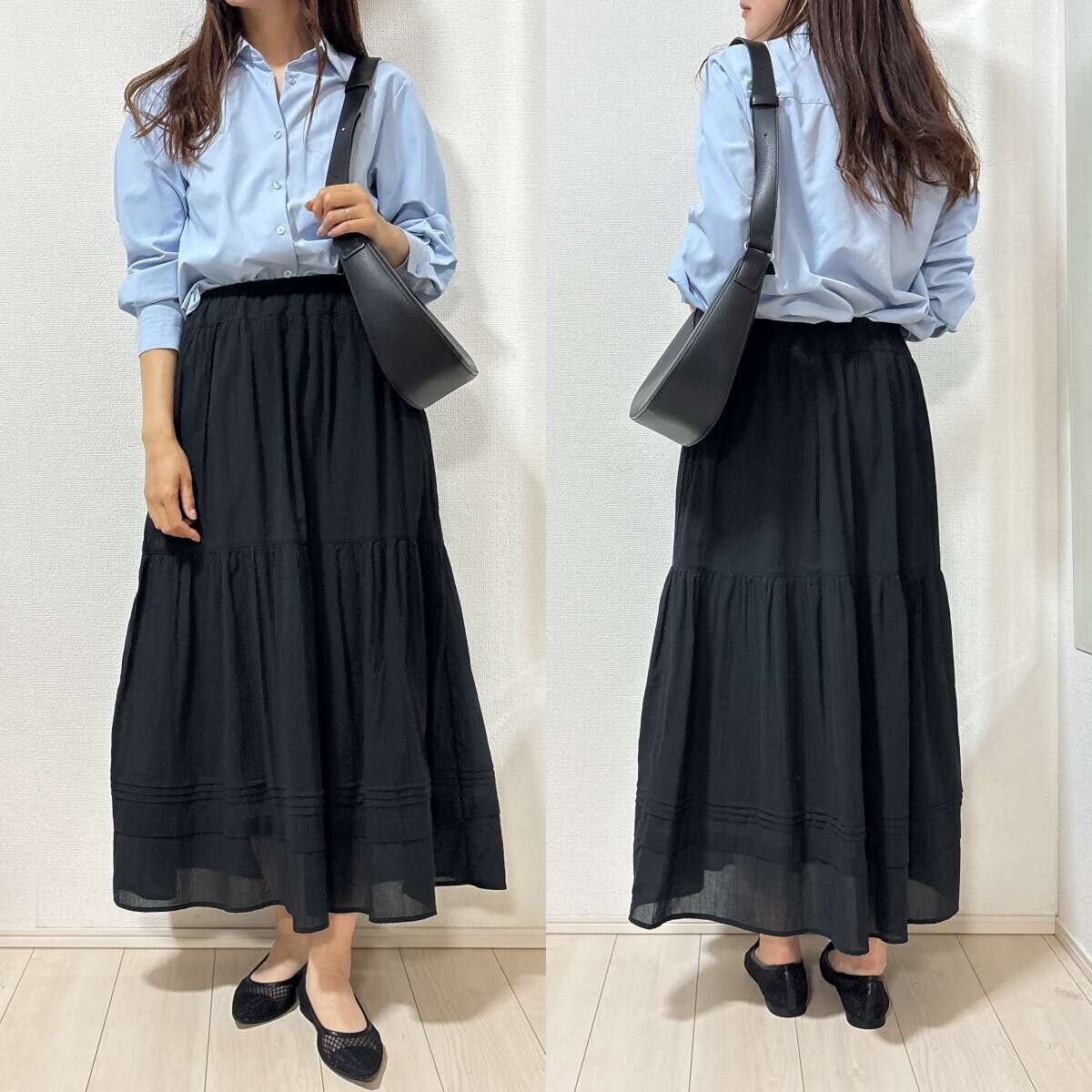 ユニクロ　ティアードマキシスカート　コーデ　シャツ　オフィス