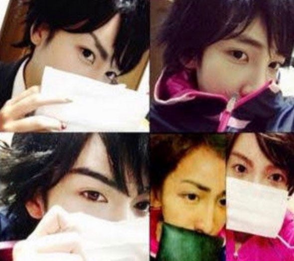 嵐のものまねメイクを披露したざわちん/左上から時計回りに:櫻井翔、二宮和也、相葉雅紀、大野智、松本潤風メイク /オフィシャルブログ(Ameba)より