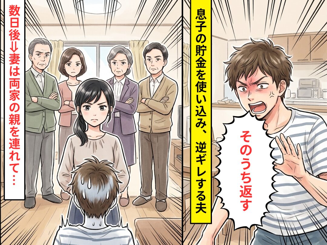 「そのうち返す」息子の貯金を使い込み、逆ギレする夫。しかし数日後⇒妻は【両家の親】を連れて…夫を地獄へ！？