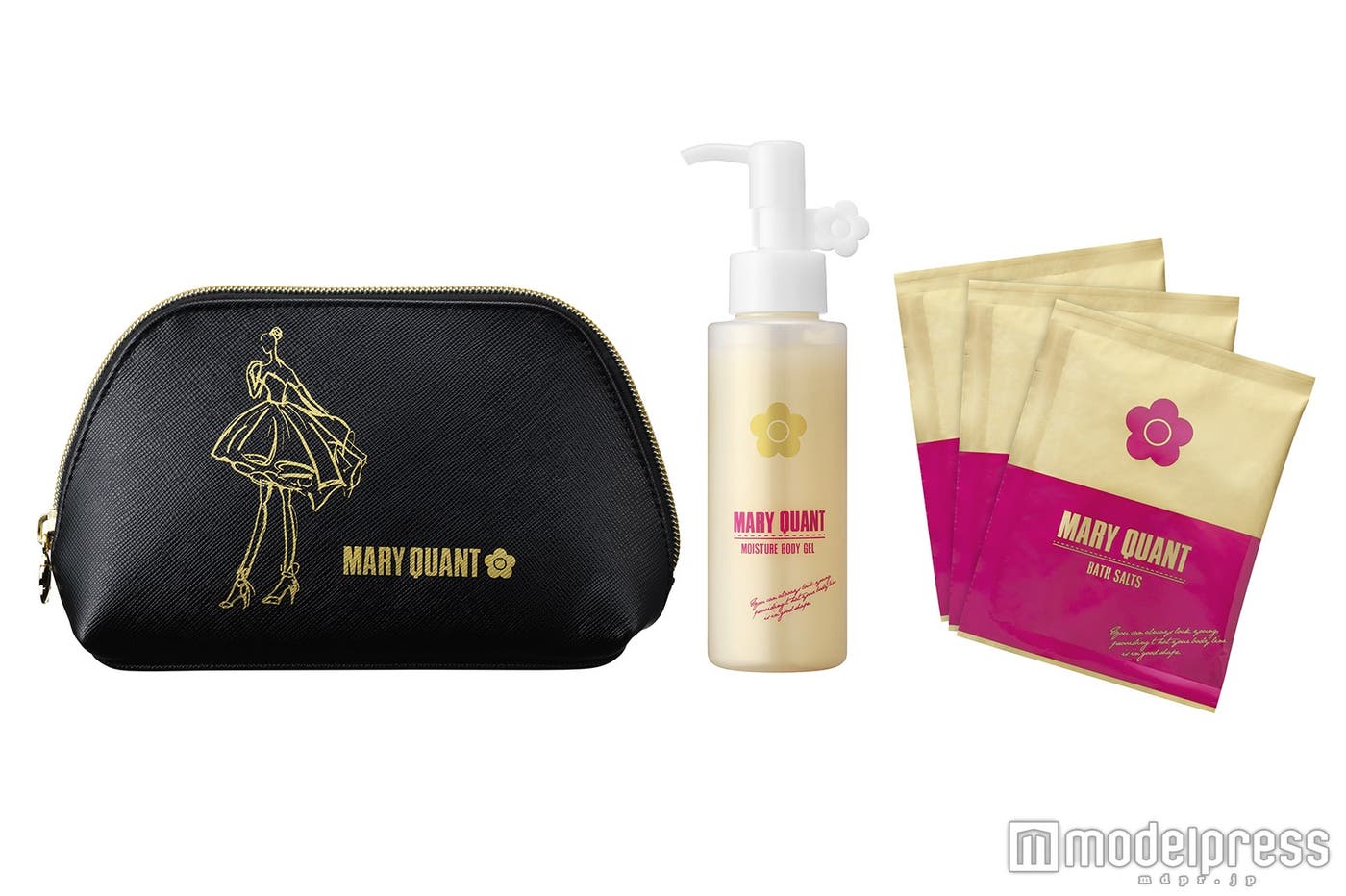 「ザ トップ テーラー ボディ ケア セット」左から:ポーチ、ボディ用美容液、バスソルト3包/6,000円(税抜)