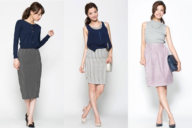 「ストライプタイトスカート」なら細見え＆オフィカジもバッチリ！