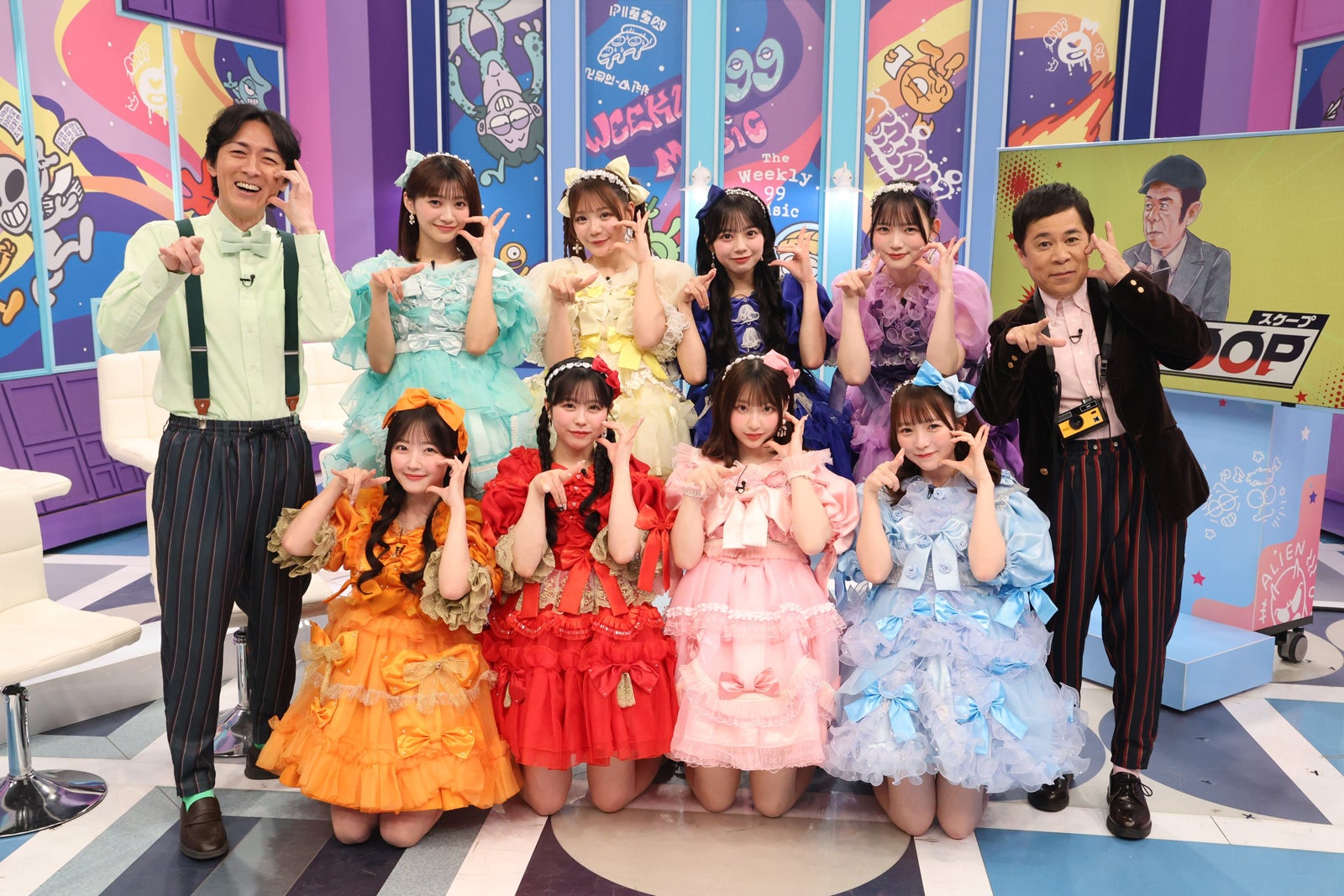 （前列左から）矢部浩之、板倉可奈、古澤里紗、増田彩乃、真鍋凪咲（後列左から）川本笑瑠、佐野愛花、桜庭遥花、梅田みゆ（C）フジテレビ