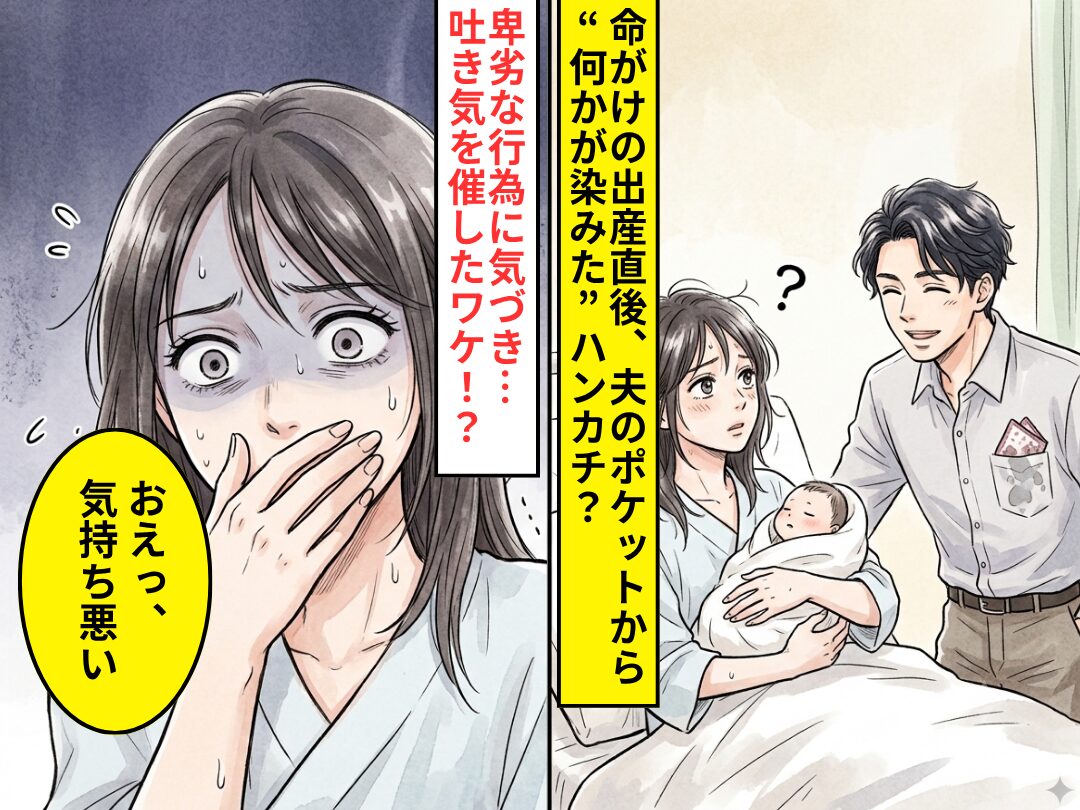 命がけの出産直後、夫のポケットから“何かが染みた”ハンカチ？⇒卑劣な行為に気づき…妻「おえっ、気持ち悪い」