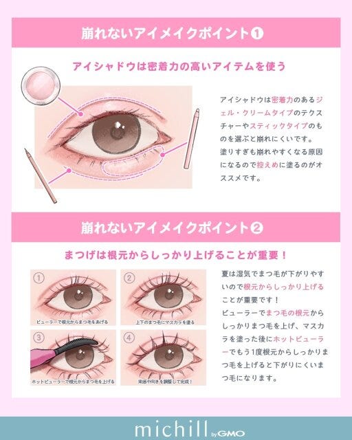 崩れないアイメイクポイント　アイシャドウは密着力のあるものを　まつ毛は根元からしっかり上げる
