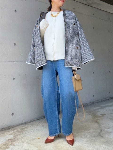 ユニクロ　uniqlo　レディース　おすすめ　オススメ　コスパ　2023　冬　デニム　デニムコーデ　ツイードジャケット　ジャケット　ツイード　カーディガン　パンプス