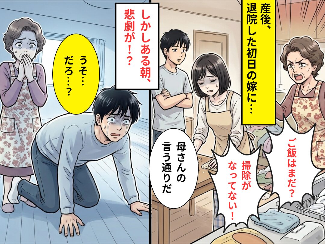 難産で“安静を要する”嫁を…コキ使う義母と、容認する夫。ある朝⇒夫「うそ…だろ…？」まさかの【不幸】を招いた話