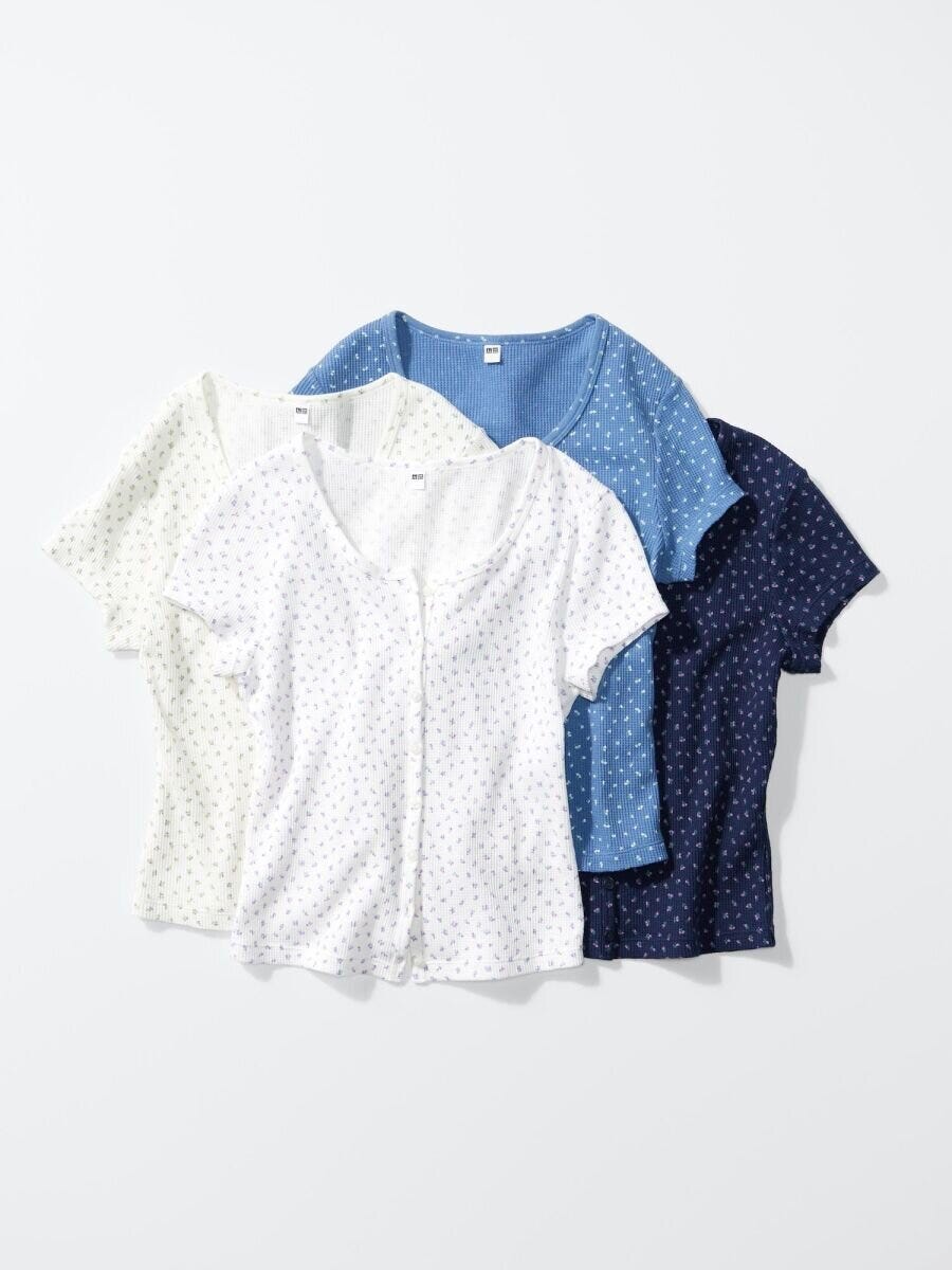 白水色紺の花柄ワッフルミニTシャツ4枚 白水色紺の花柄ワッフルミニTシャツ4枚