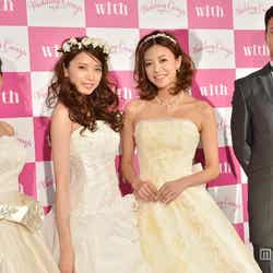 イベント前の囲み取材に応じた「with」モデル(左から平野由実、宮田聡子、菅原沙樹)とユージ(右)