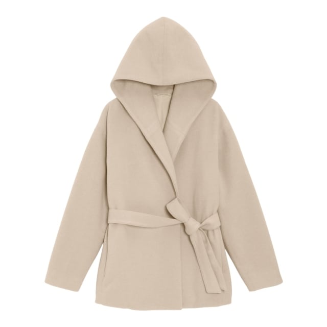 ベージュのフーディショートコート
